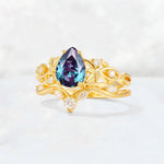 Pear Cut Alexandrite Nature-Inspired Bridal Ring Set - Rose-Gold