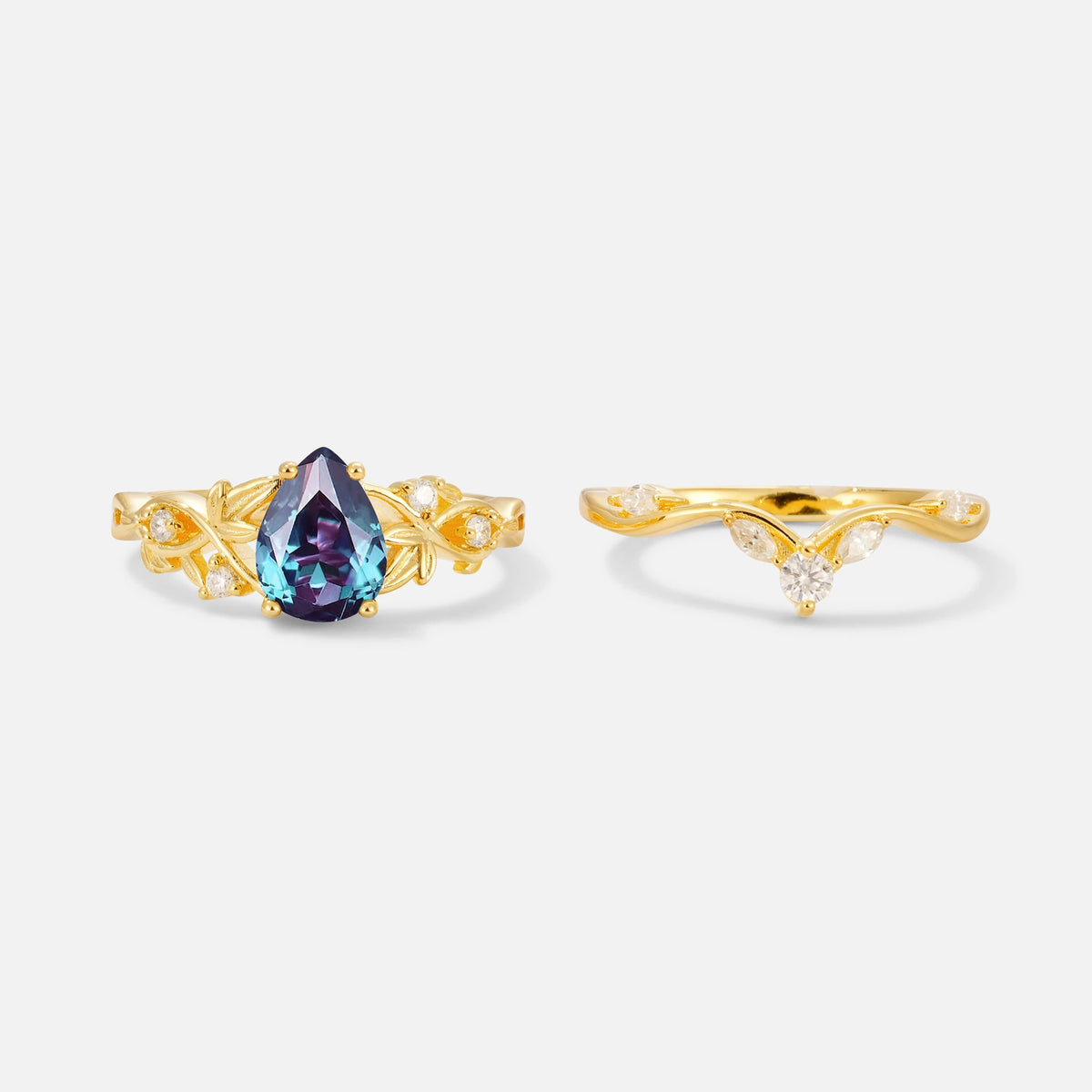 Pear Cut Alexandrite Nature-Inspired Bridal Ring Set - White-Gold