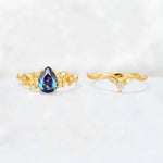 Pear Cut Alexandrite Nature-Inspired Bridal Ring Set - White-Gold