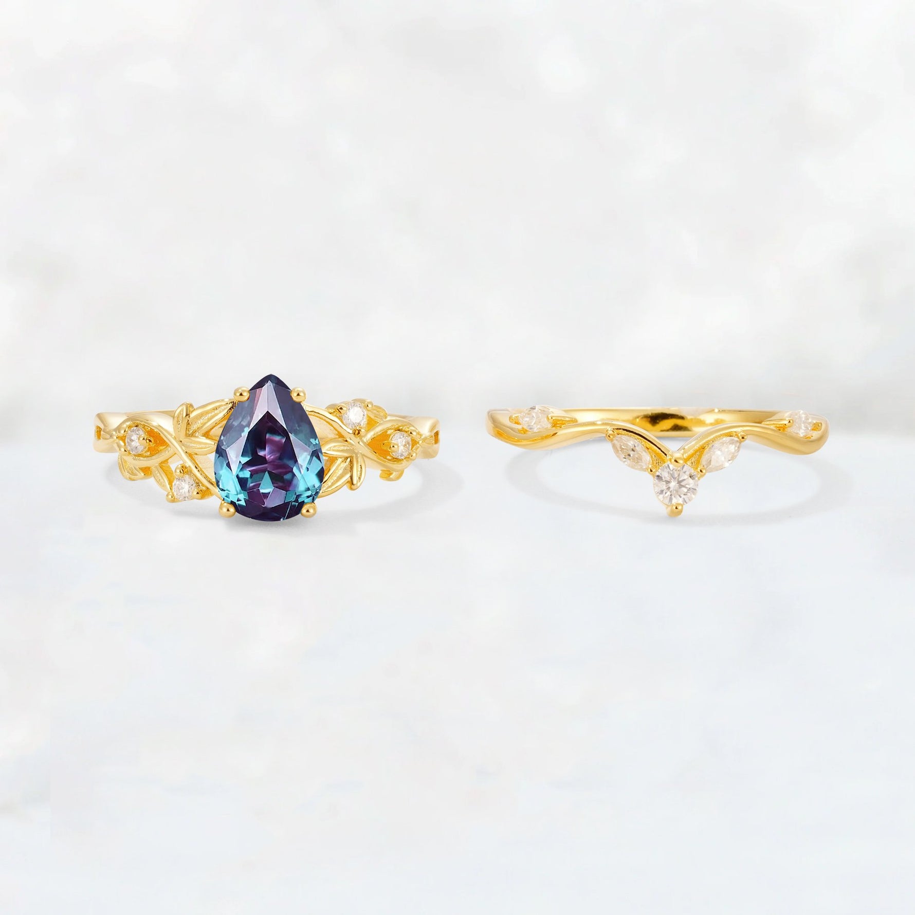 Pear Cut Alexandrite Nature-Inspired Bridal Ring Set - White-Gold