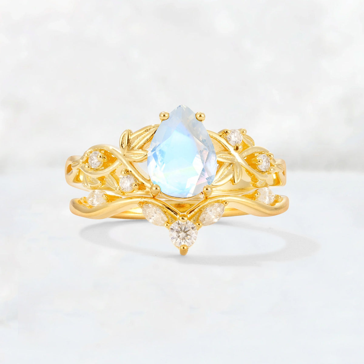 Pear Cut Moonstone Nature-Inspired Bridal Ring Set - Yellow-Gold
