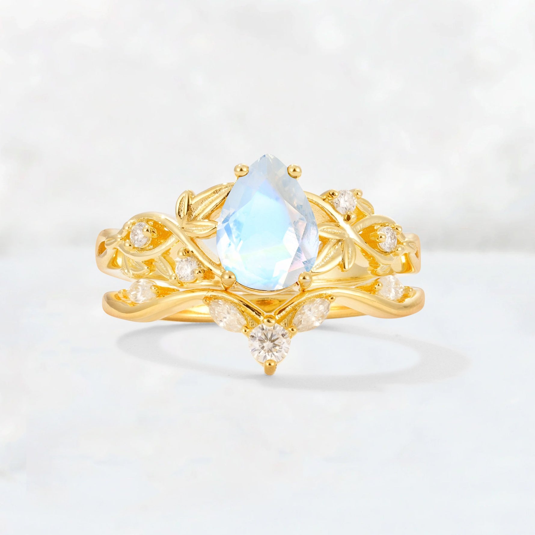 Pear Cut Moonstone Nature-Inspired Bridal Ring Set - Yellow-Gold