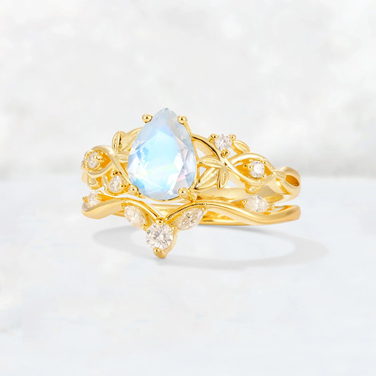 Pear Cut Moonstone Nature-Inspired Bridal Ring Set - Rose-Gold
