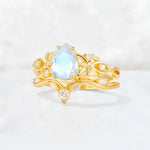 Pear Cut Moonstone Nature-Inspired Bridal Ring Set - Rose-Gold