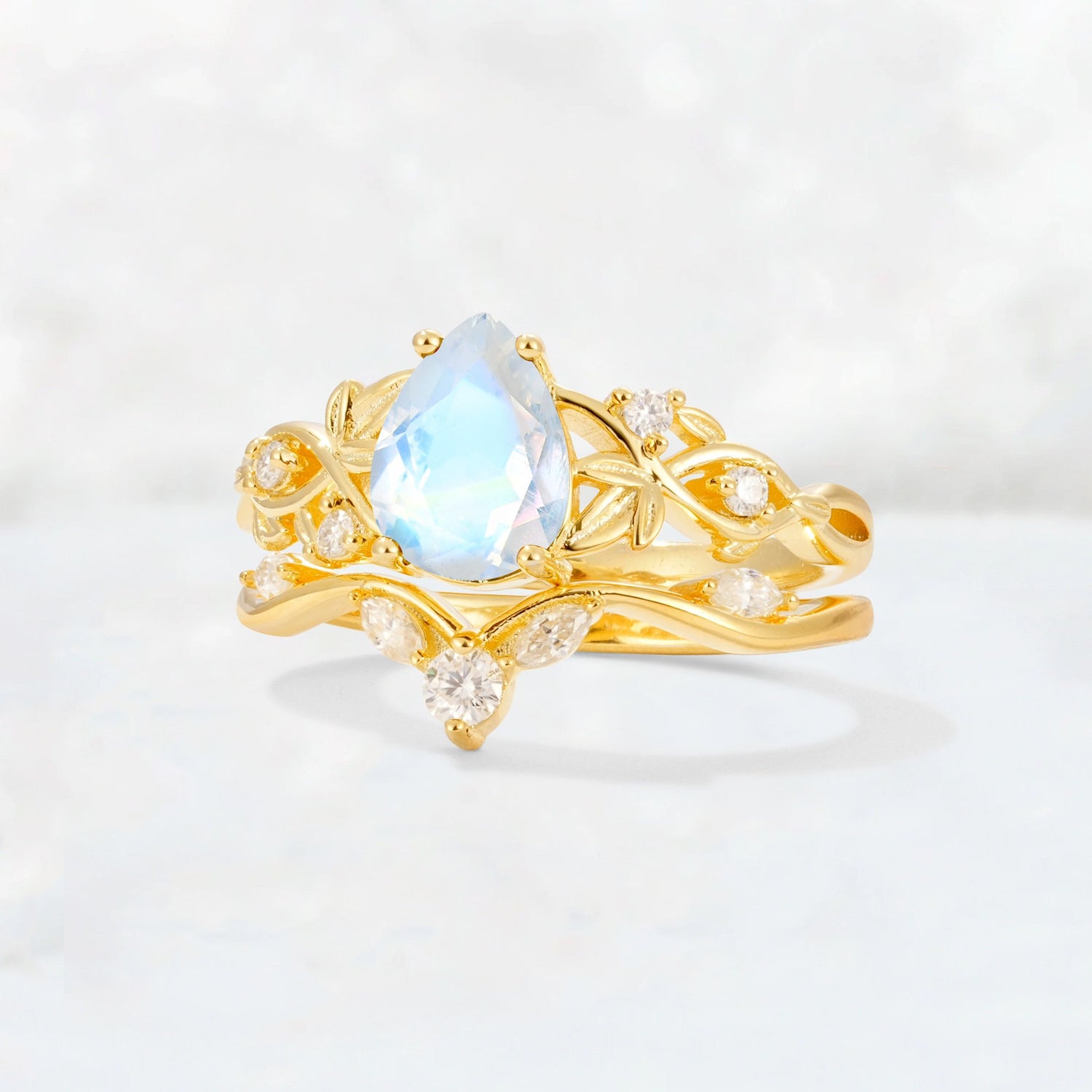 Pear Cut Moonstone Nature-Inspired Bridal Ring Set - Rose-Gold