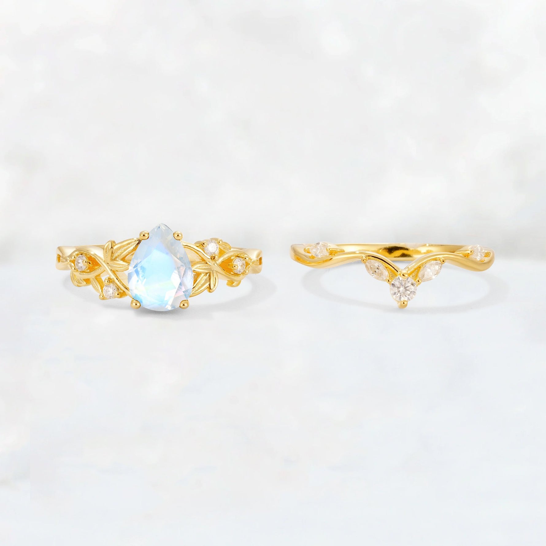 Pear Cut Moonstone Nature-Inspired Bridal Ring Set - White-Gold