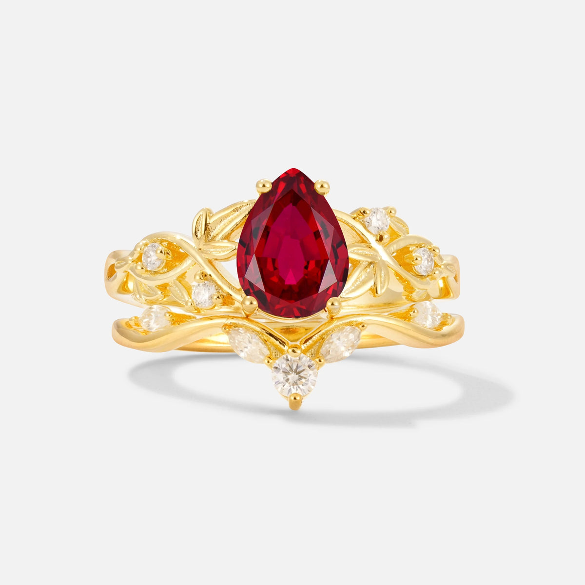 Pear Cut Ruby Nature-Inspired Bridal Ring Set - Yellow-Gold