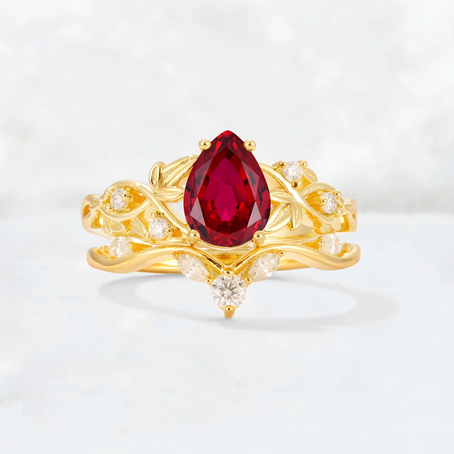 Pear Cut Ruby Nature-Inspired Bridal Ring Set - Yellow-Gold