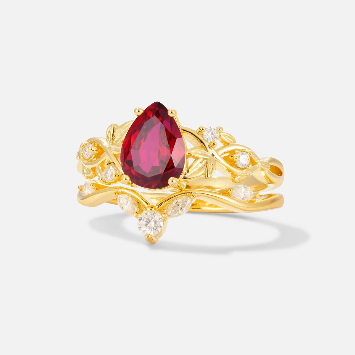 Pear Cut Ruby Nature-Inspired Bridal Ring Set - Rose-Gold