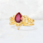 Pear Cut Ruby Nature-Inspired Bridal Ring Set - Rose-Gold