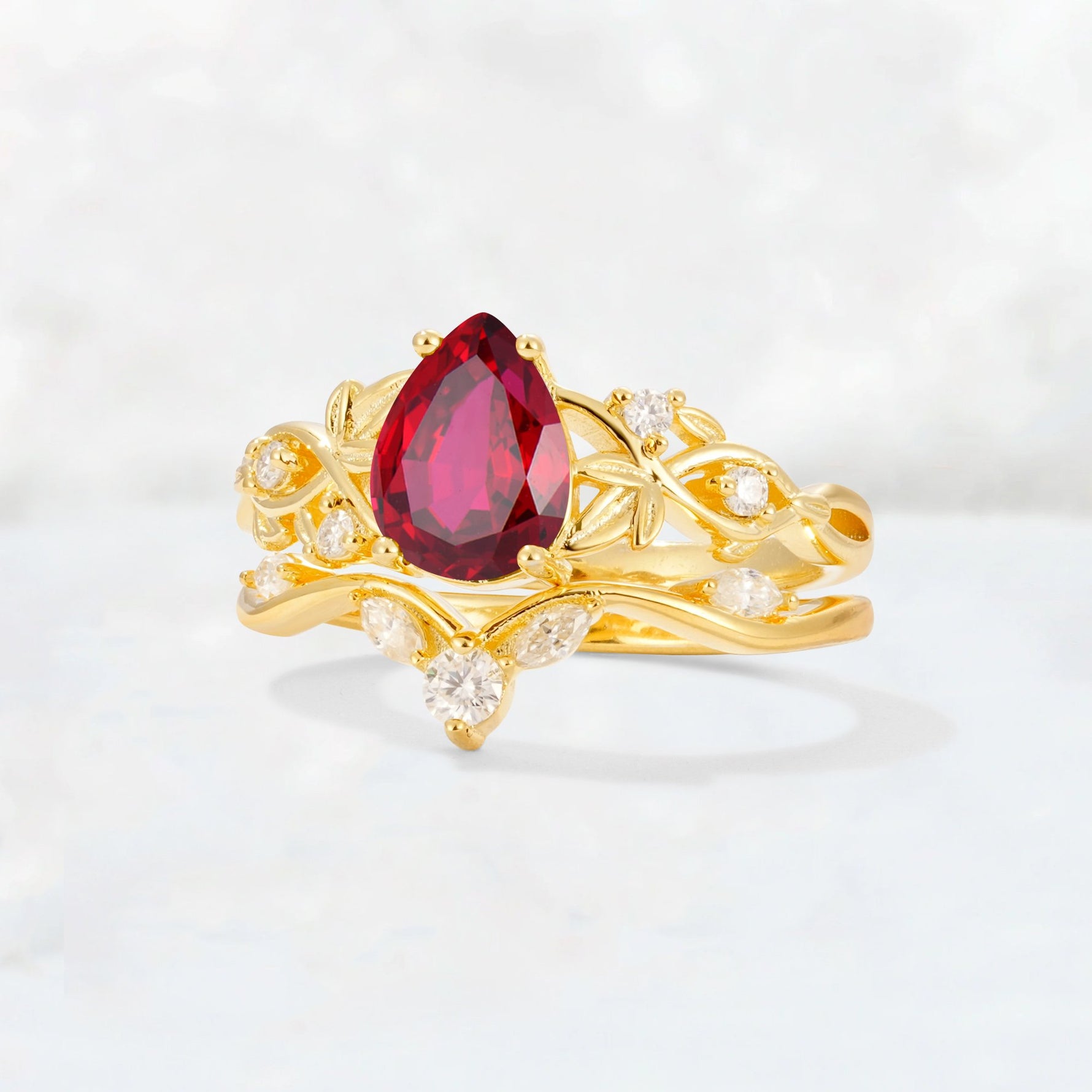 Pear Cut Ruby Nature-Inspired Bridal Ring Set - Rose-Gold