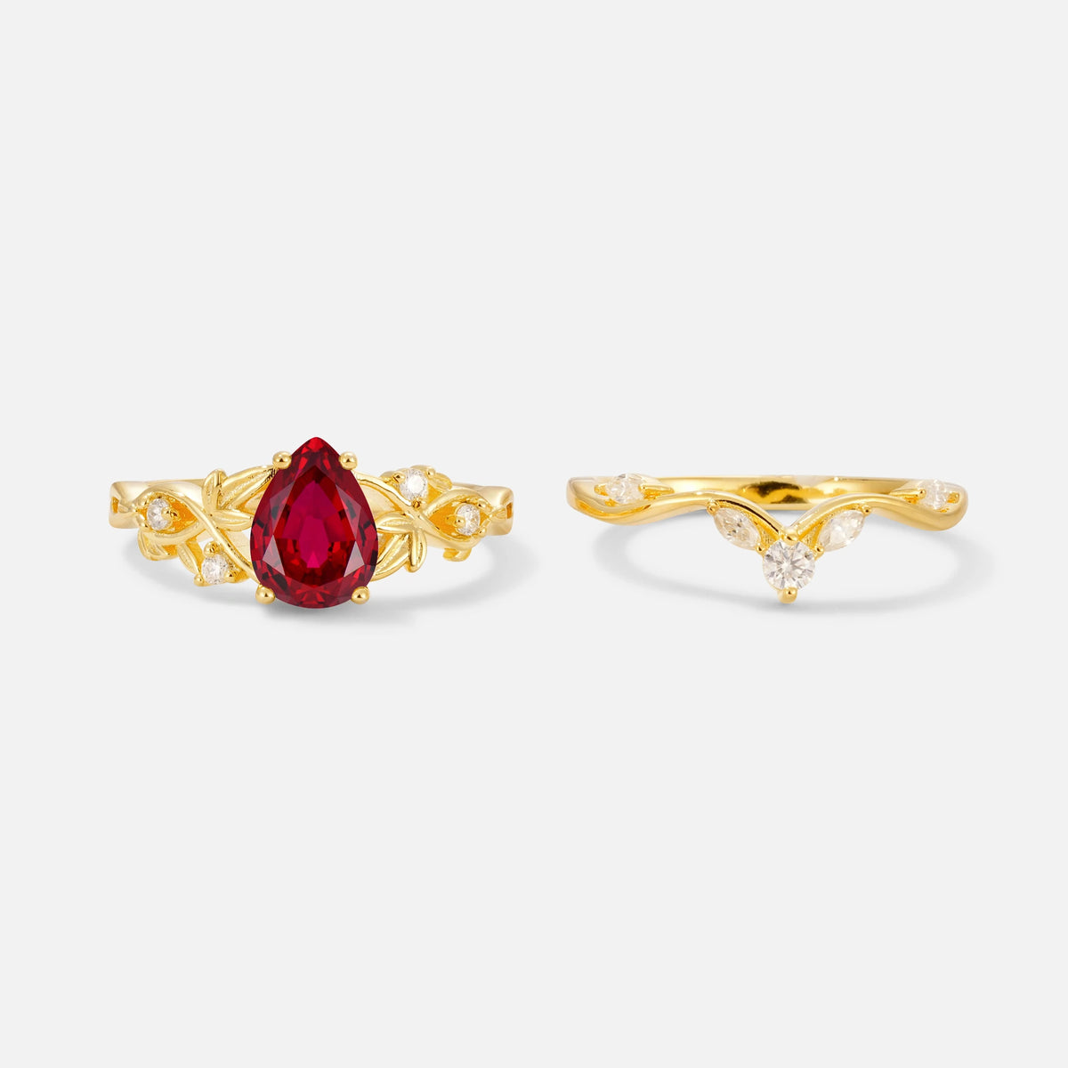 Pear Cut Ruby Nature-Inspired Bridal Ring Set - White-Gold