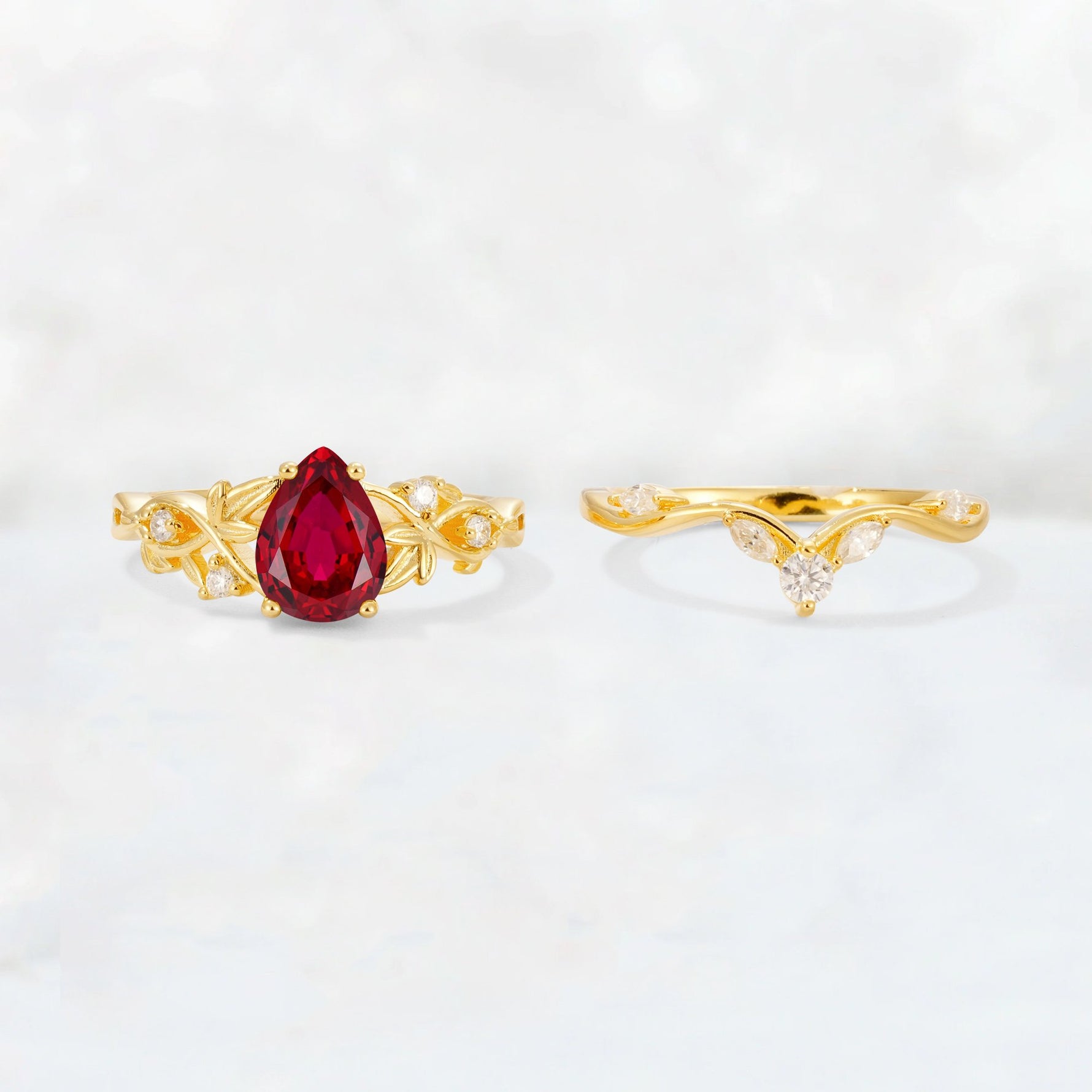 Pear Cut Ruby Nature-Inspired Bridal Ring Set - White-Gold