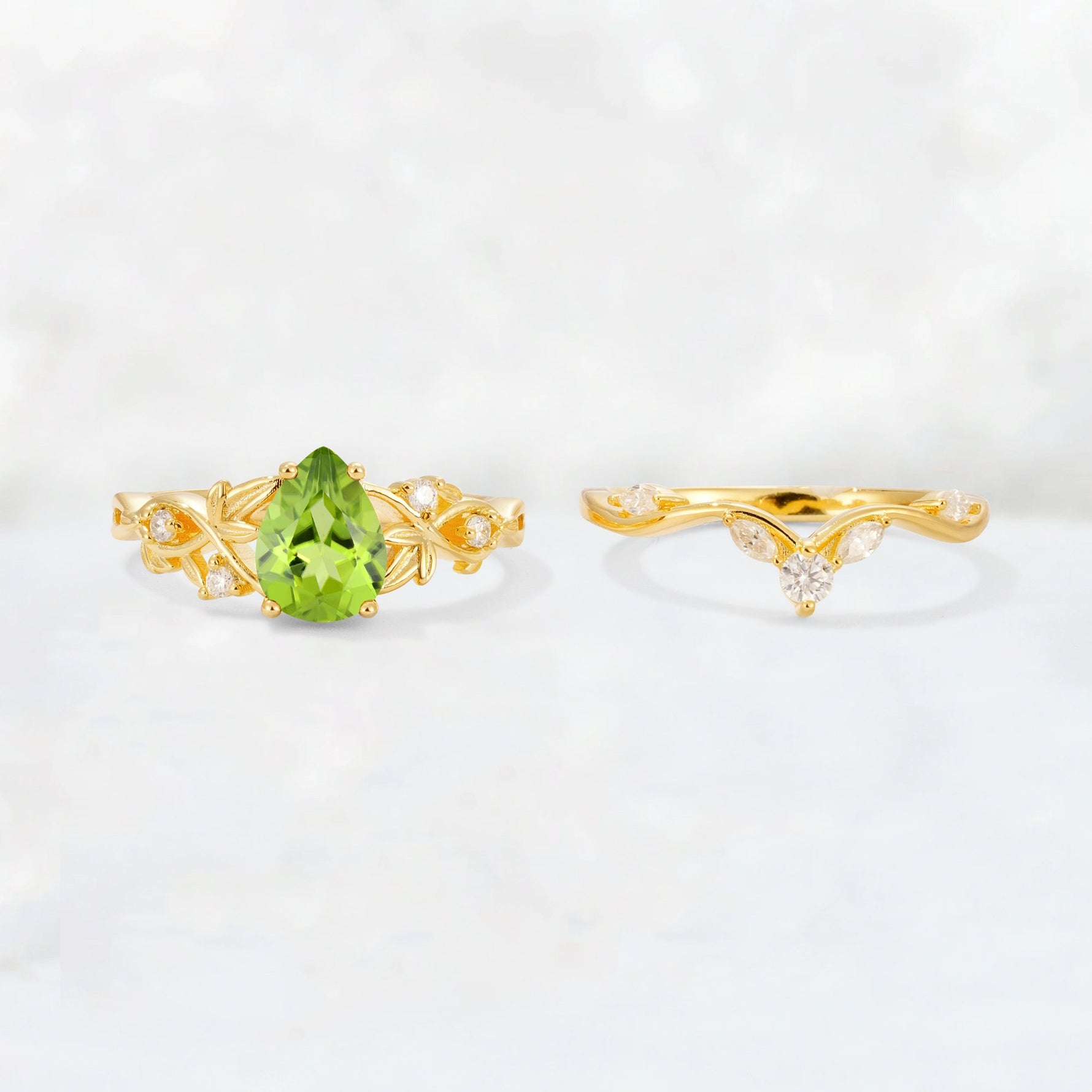 Pear Cut Peridot Nature-Inspired Bridal Ring Set - White-Gold