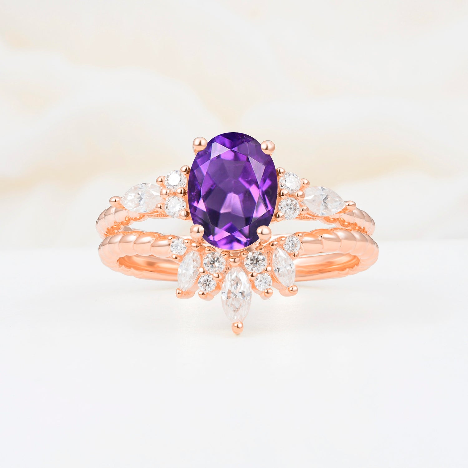 Vintage Oval Cut Amethyst Twisted Band Crown Halo Engagement Ring