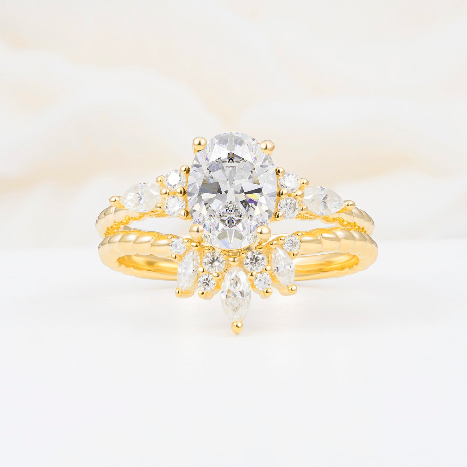 Vintage Oval Cut Moissanite Twisted Band Crown Halo Engagement Ring