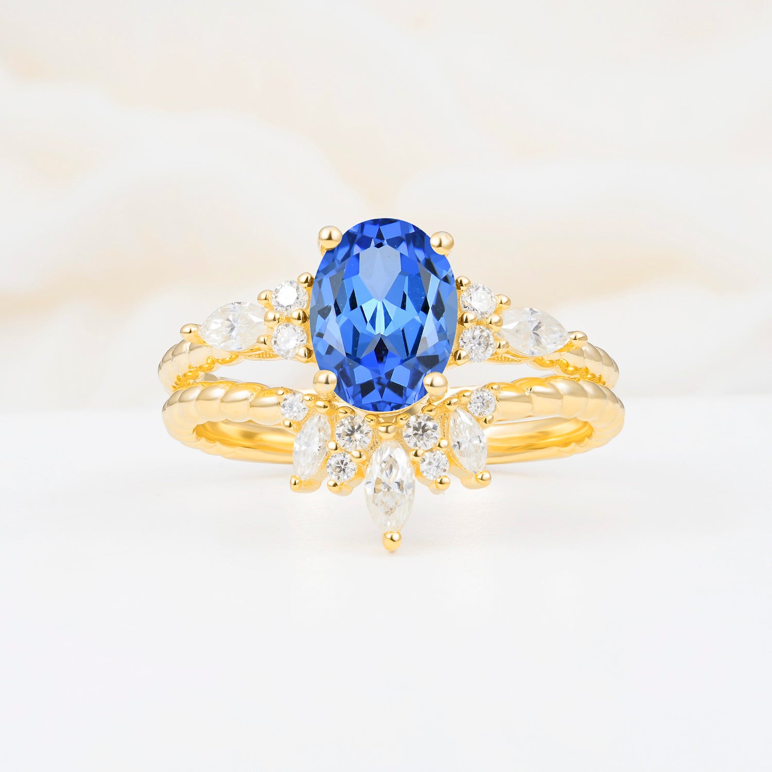 Vintage Oval Cut Sapphire Twisted Band Crown Halo Engagement Ring