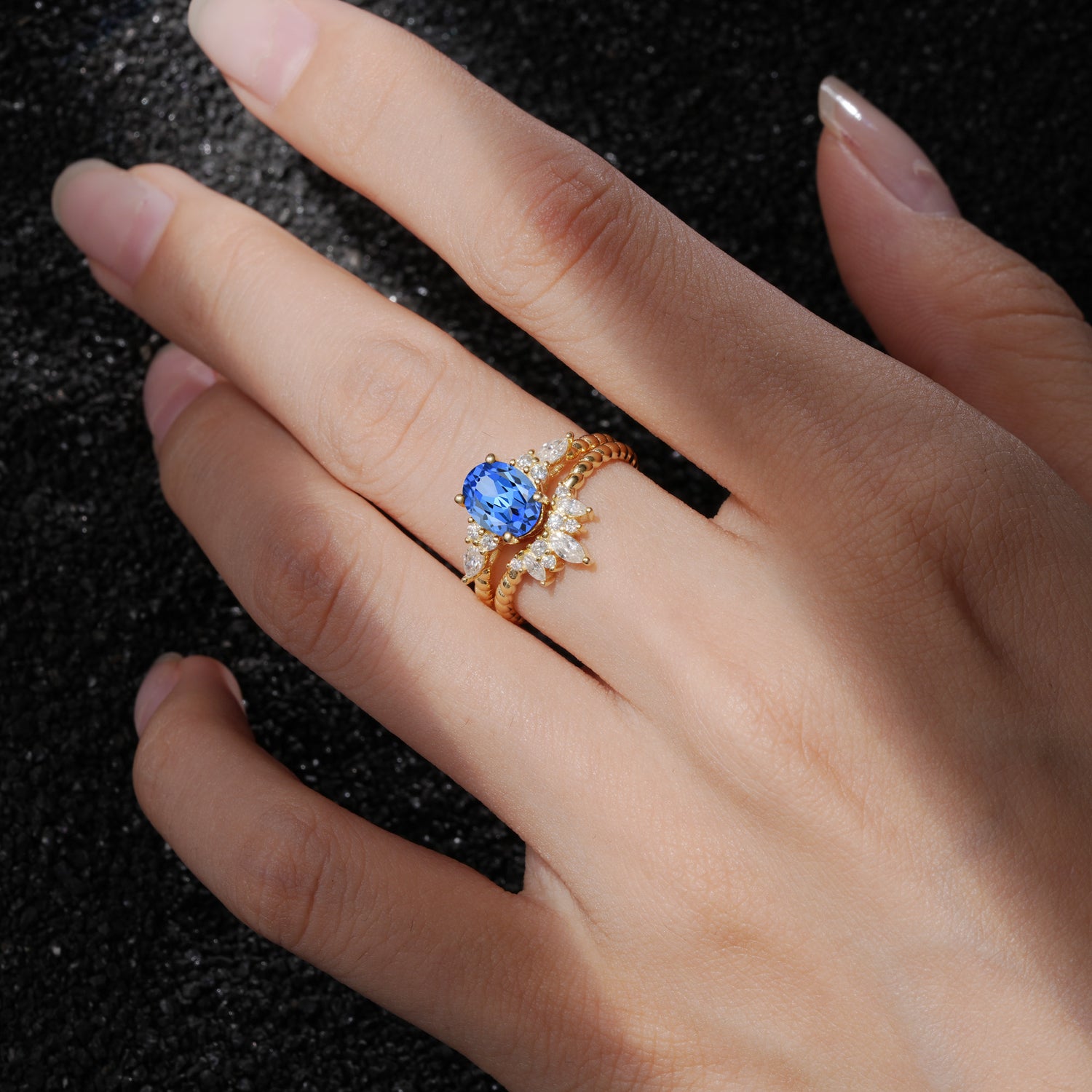 Vintage Oval Cut Sapphire Twisted Band Crown Halo Engagement Ring
