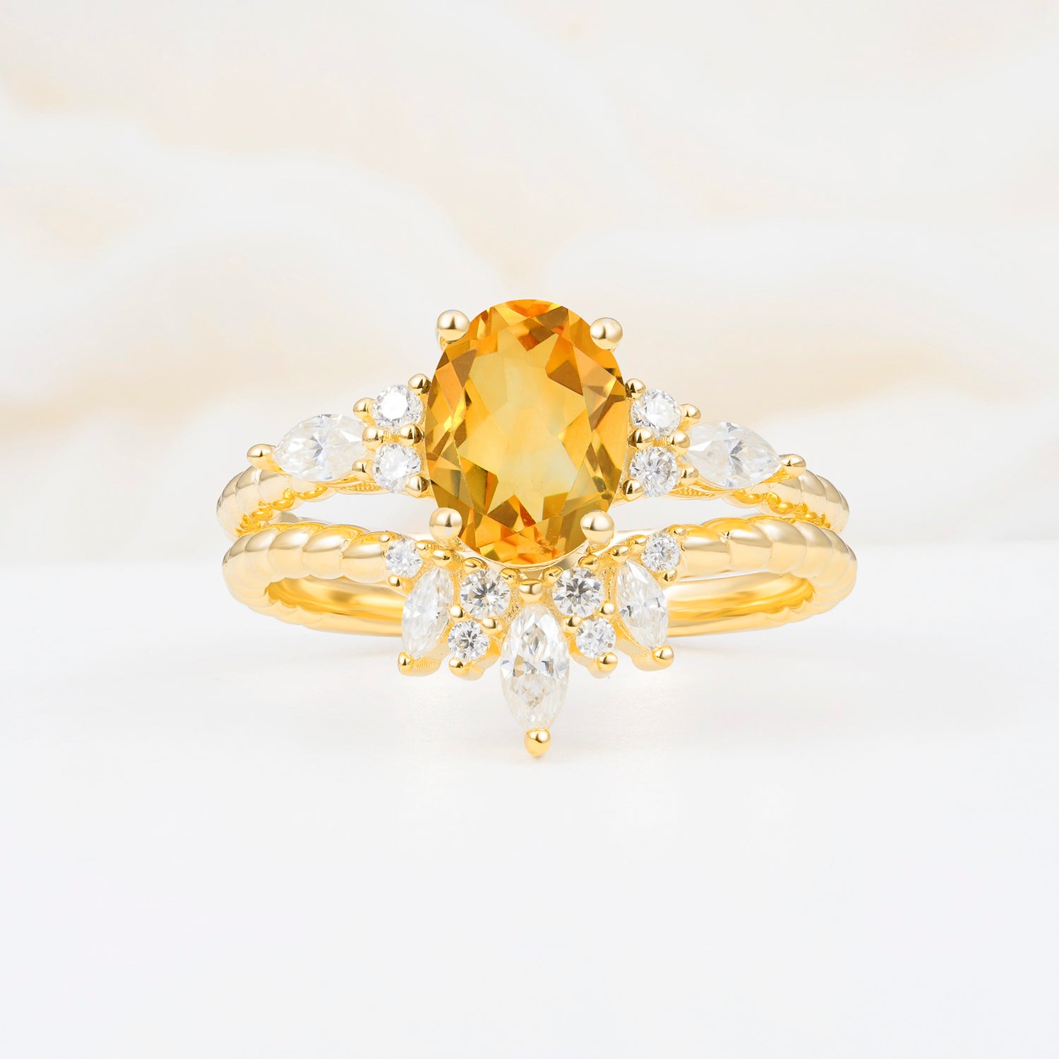 Vintage Oval Cut Citrine Twisted Band Crown Halo Engagement Ring