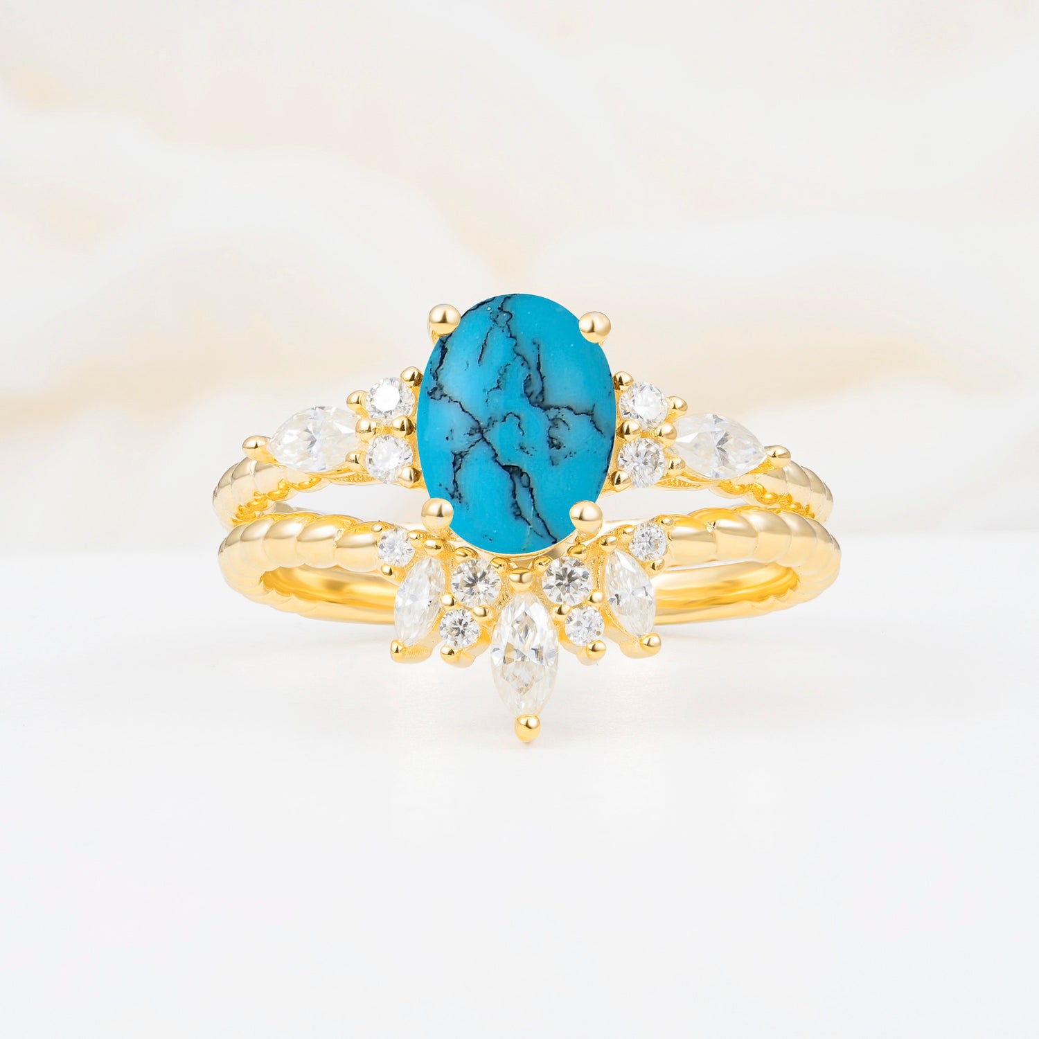 Vintage Oval Cut Turquoise Twisted Band Crown Halo Engagement Ring