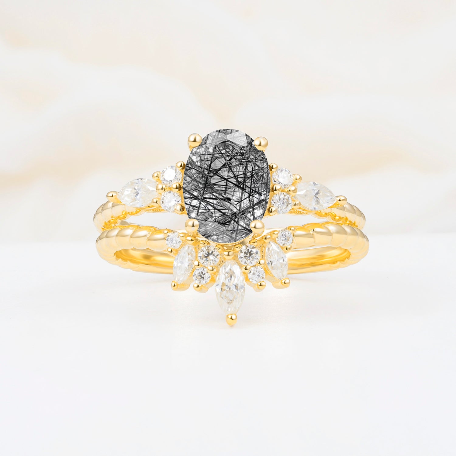 Vintage Oval Cut Black Rutilated Quartz Twisted Band Crown Halo Engagement Ring