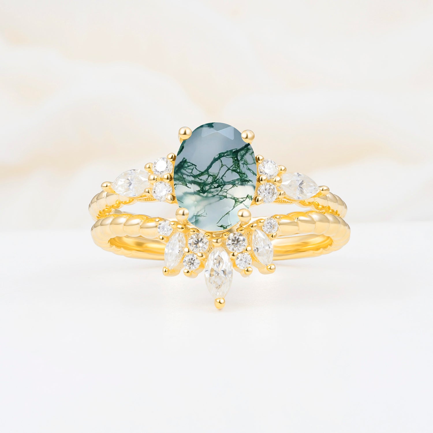 Vintage Oval Cut Moss Agate Twisted Band Crown Halo Engagement Ring