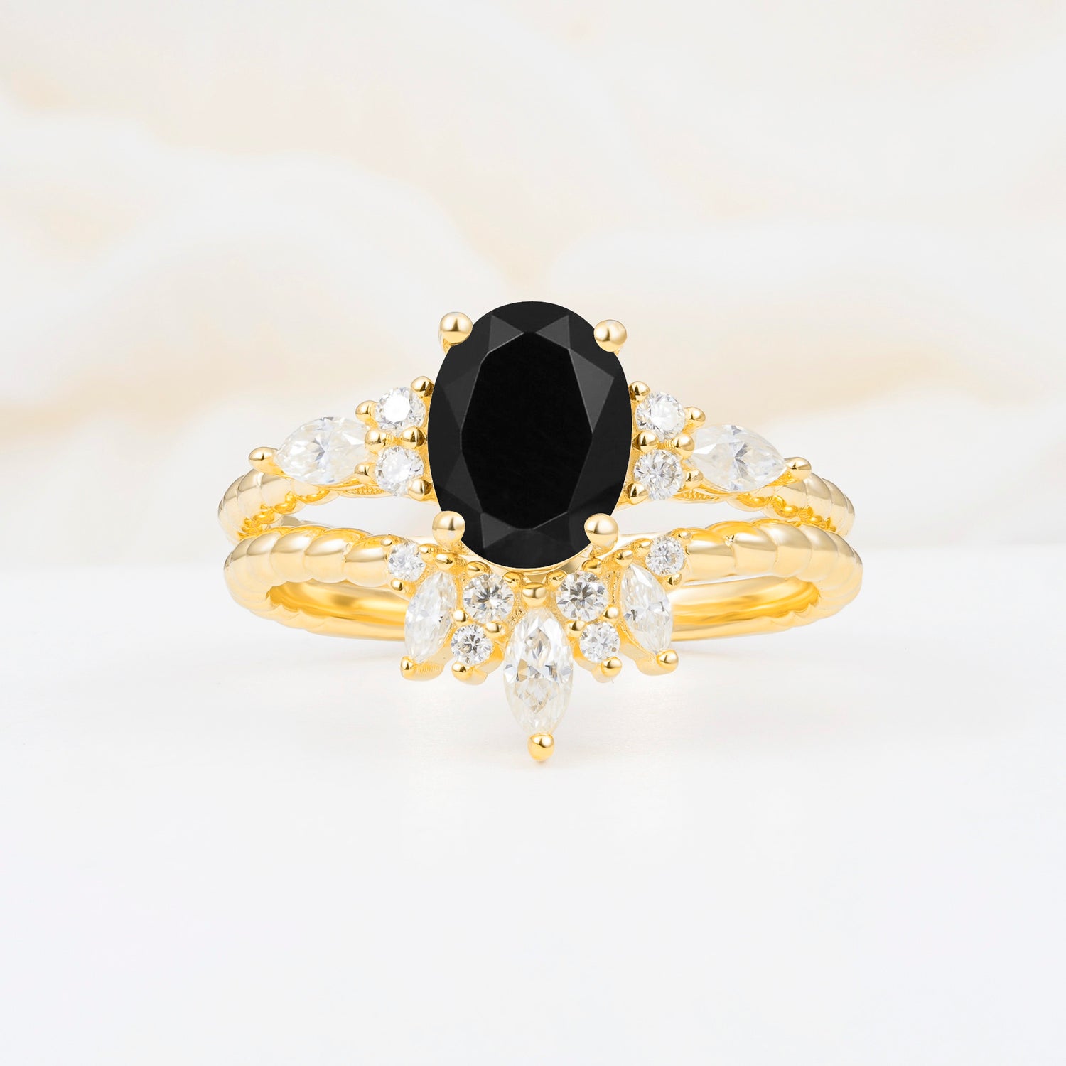 Vintage Oval Cut Black Onyx Twisted Band Crown Halo Engagement Ring