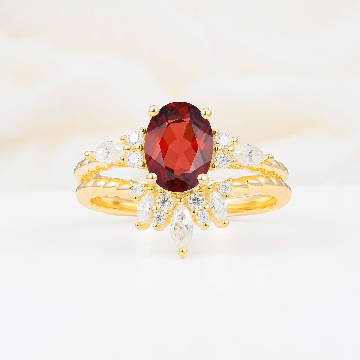 Vintage Oval Cut Garnet Twisted Band Crown Halo Engagement Ring