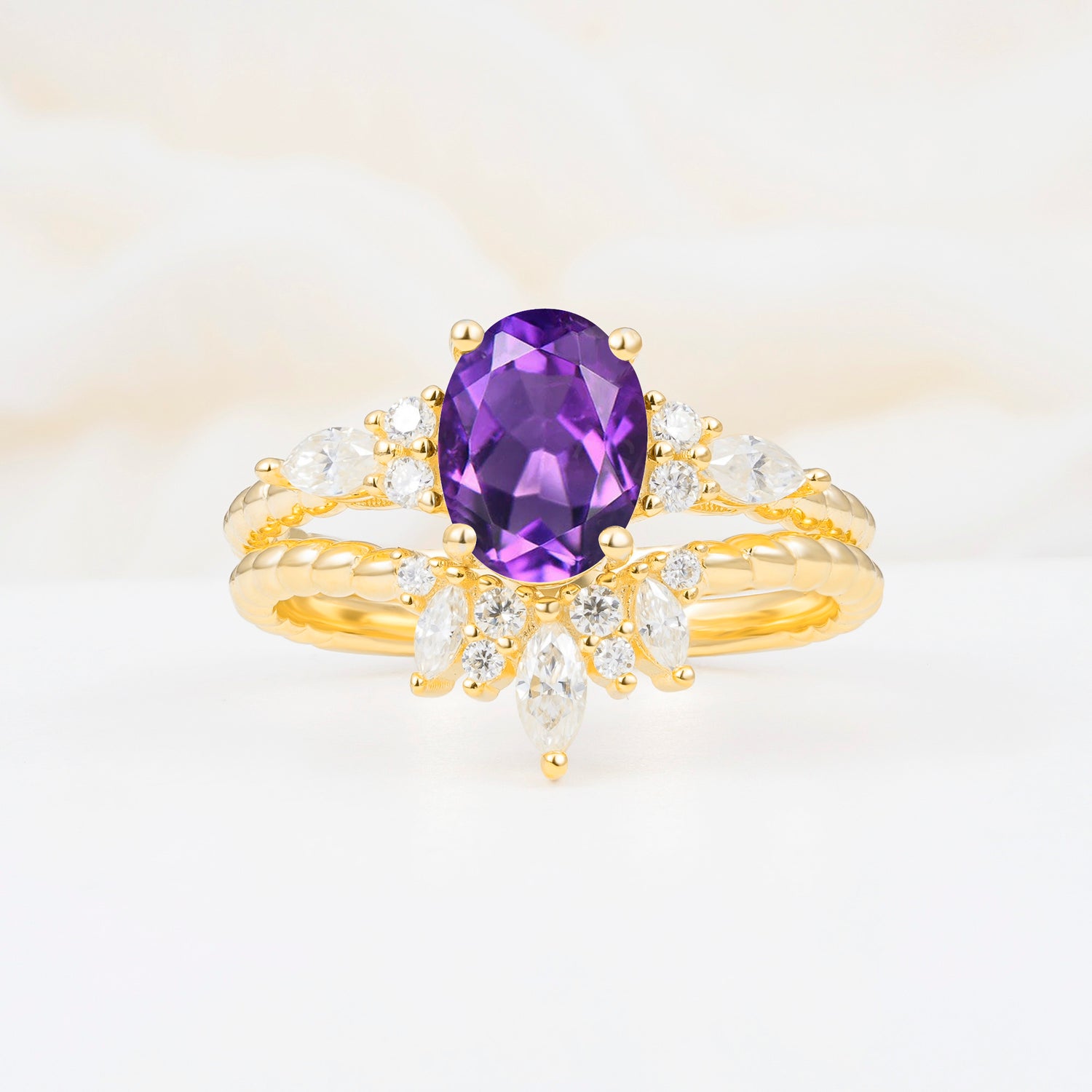 Vintage Oval Cut Amethyst Twisted Band Crown Halo Engagement Ring