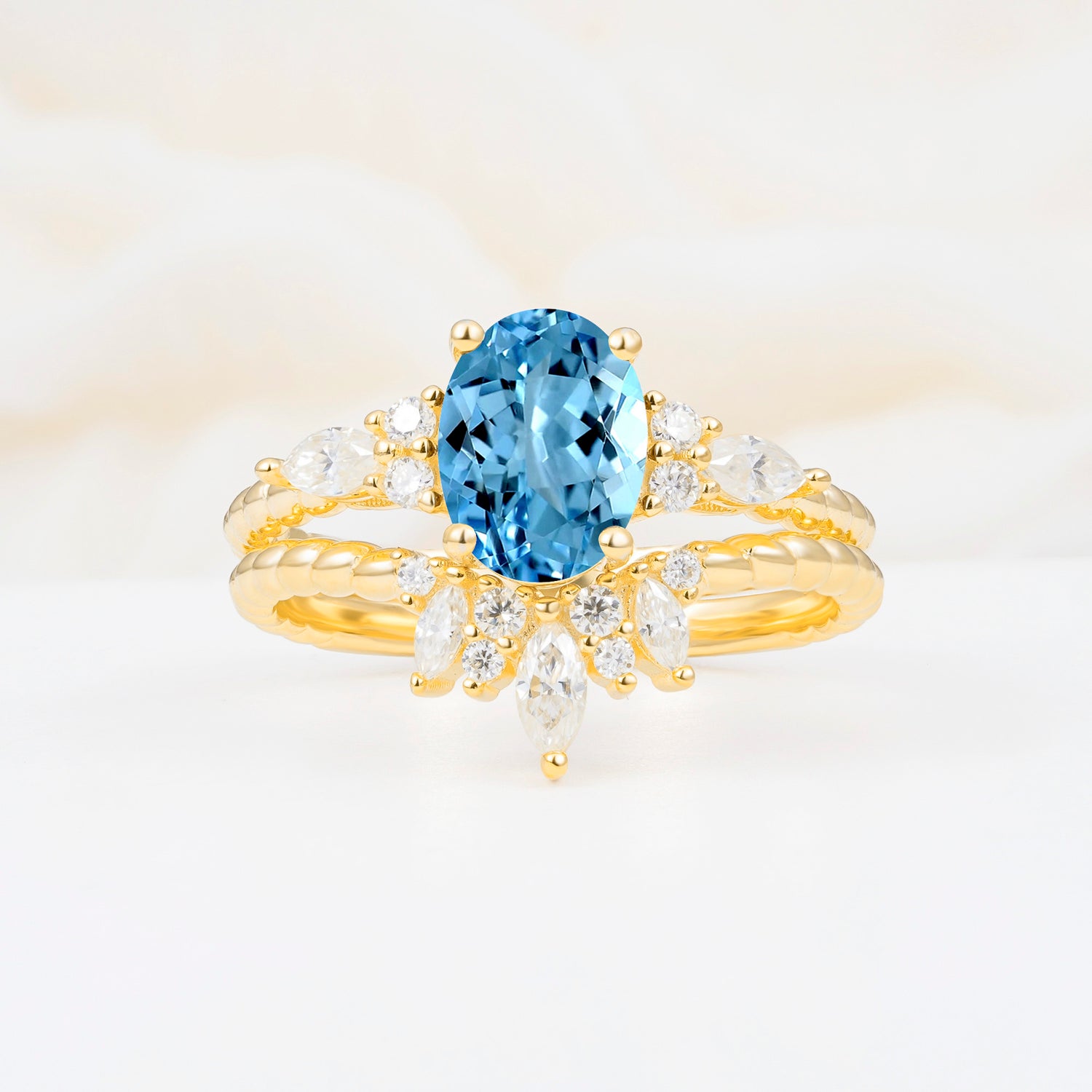 Vintage Oval Cut Aquamarine Twisted Band Crown Halo Engagement Ring