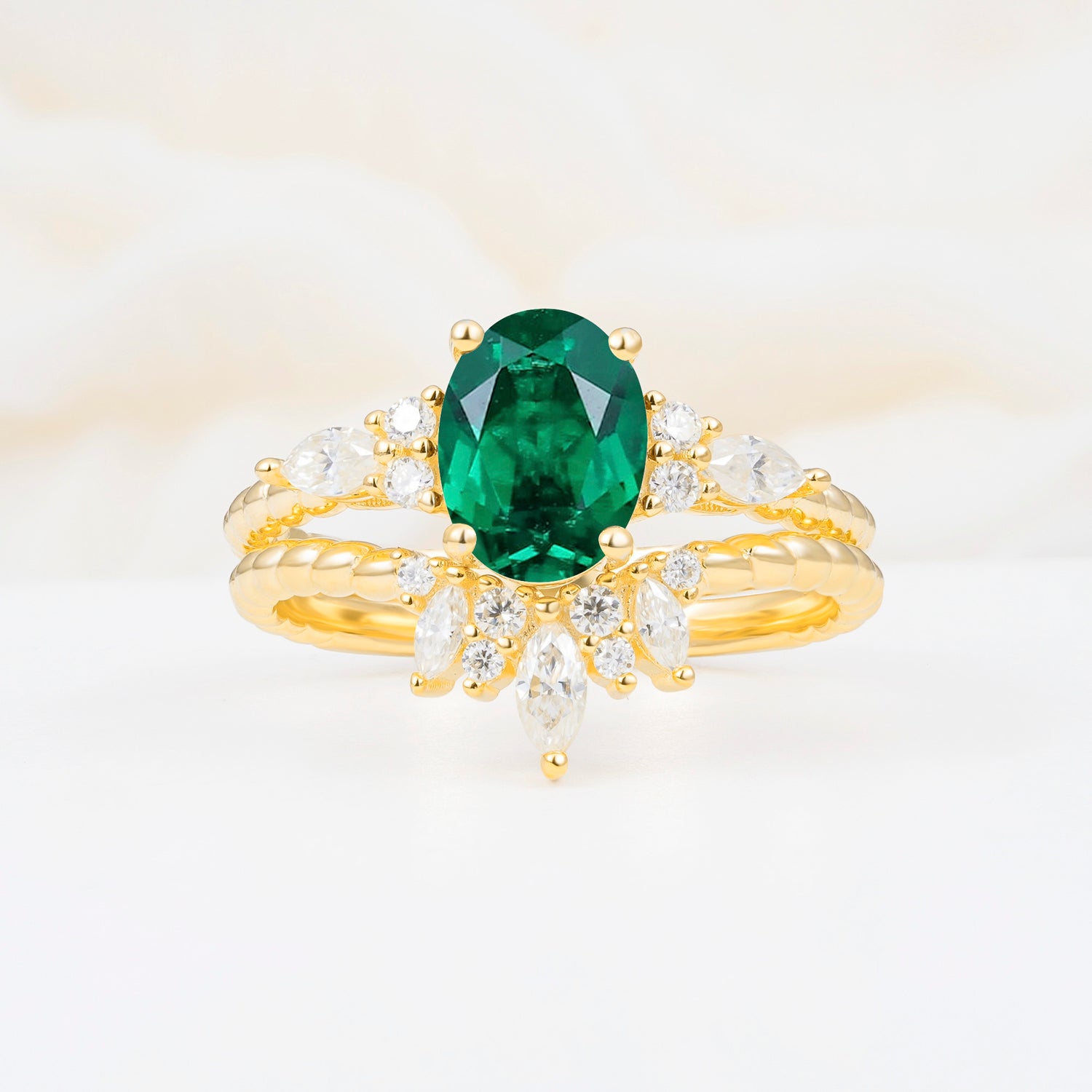 Vintage Oval Cut Emerald Twisted Band Crown Halo Engagement Ring
