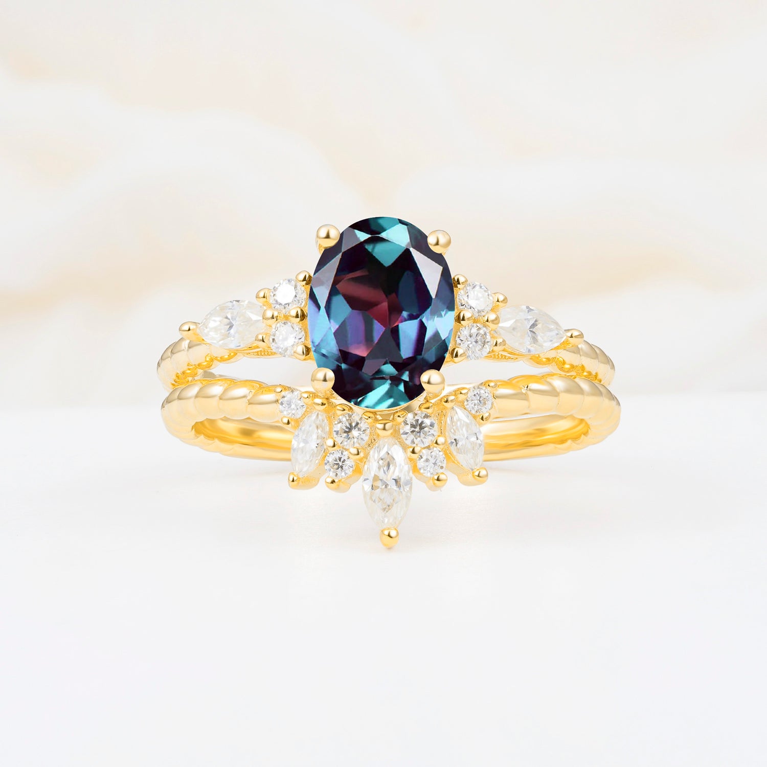 Vintage Oval Cut Alexandrite Twisted Band Crown Halo Engagement Ring