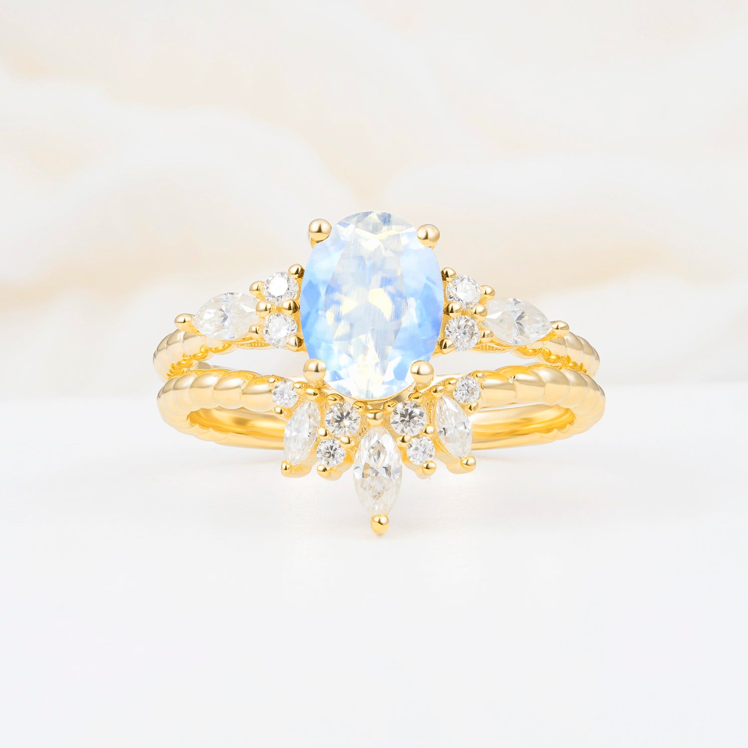 Vintage Oval Cut Moonstone Twisted Band Crown Halo Engagement Ring