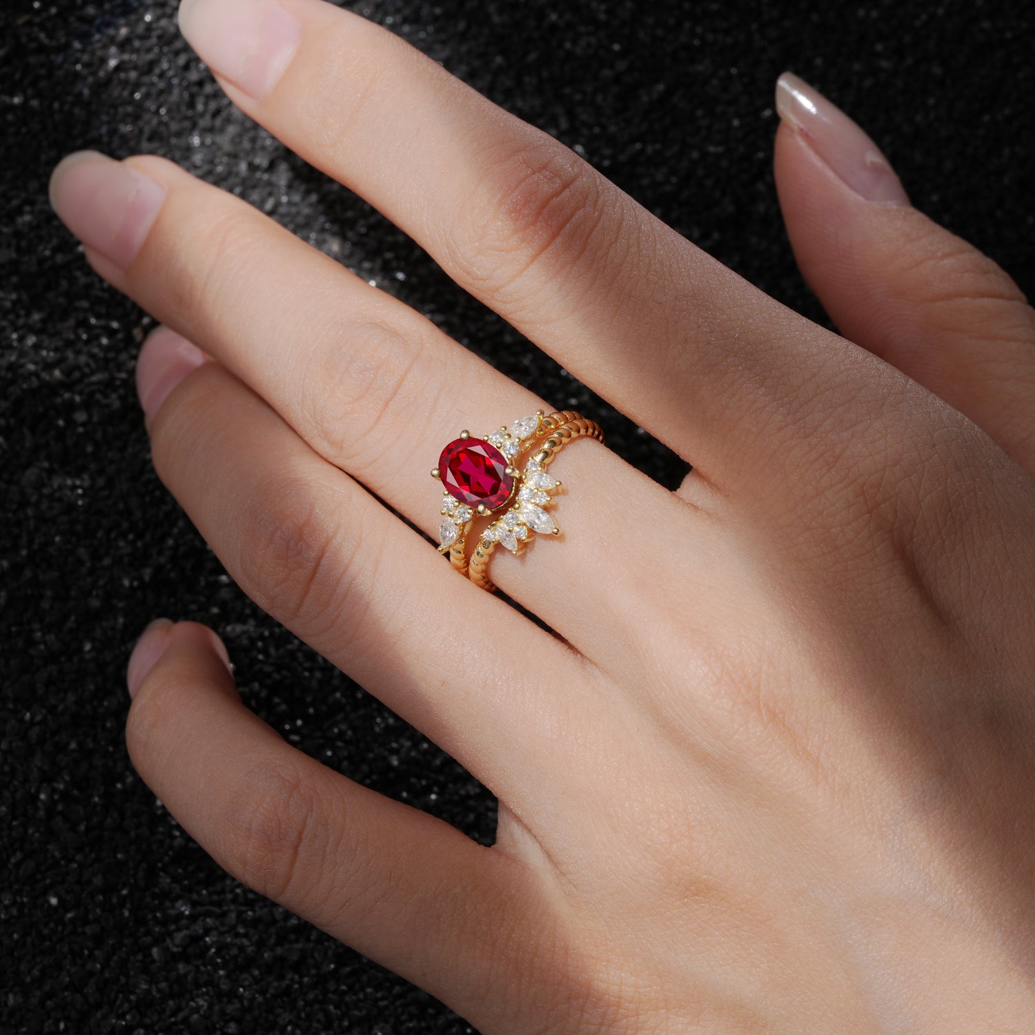 Vintage Oval Cut Ruby Twisted Band Crown Halo Engagement Ring