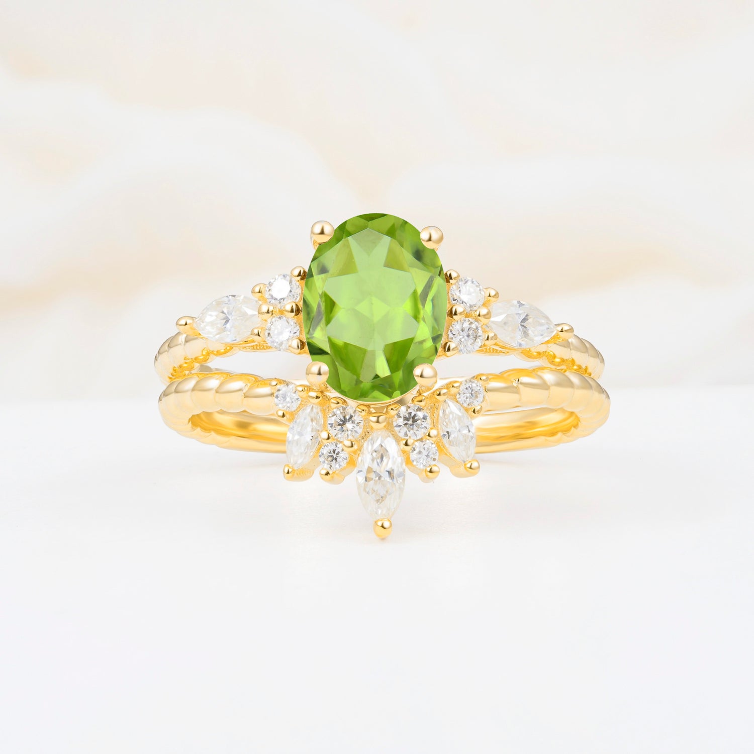 Vintage Oval Cut Peridot Twisted Band Crown Halo Engagement Ring