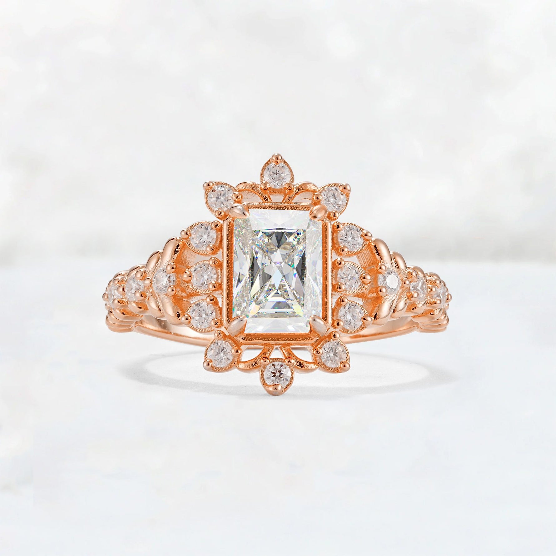 Emerald Cut Moissanite Floral Halo Leaf Vine Engagement Ring - Additional view