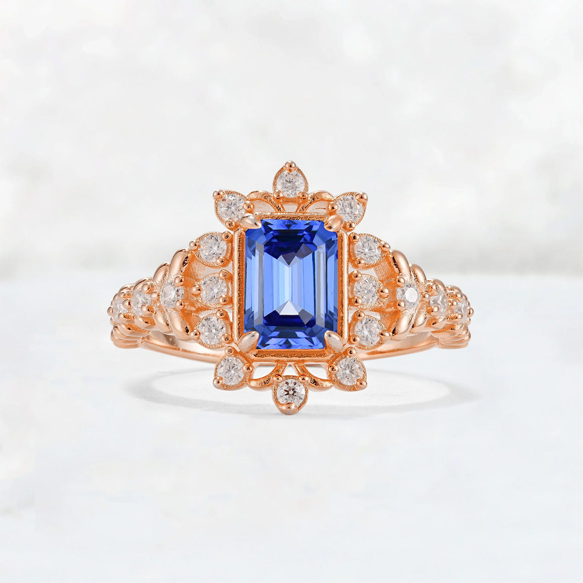 Emerald Cut Sapphire Floral Halo Leaf Vine Engagement Ring - Additional view