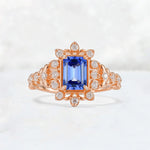 Emerald Cut Sapphire Floral Halo Leaf Vine Engagement Ring - Additional view