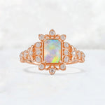 Emerald Cut Fire Opal Floral Halo Leaf Vine Engagement Ring - Additional view