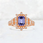 Emerald Cut Tanzanite Floral Halo Leaf Vine Engagement Ring - Additional view