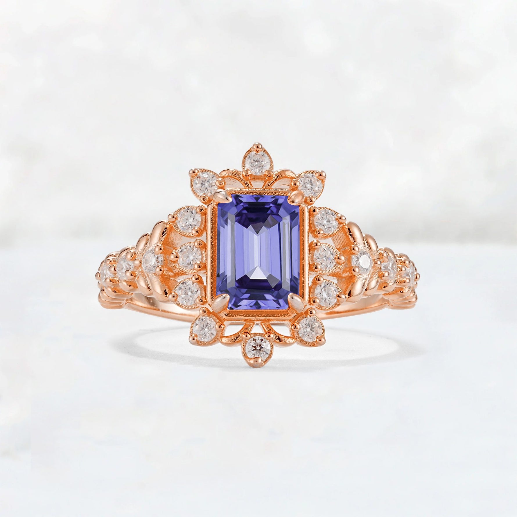 Emerald Cut Tanzanite Floral Halo Leaf Vine Engagement Ring - Additional view