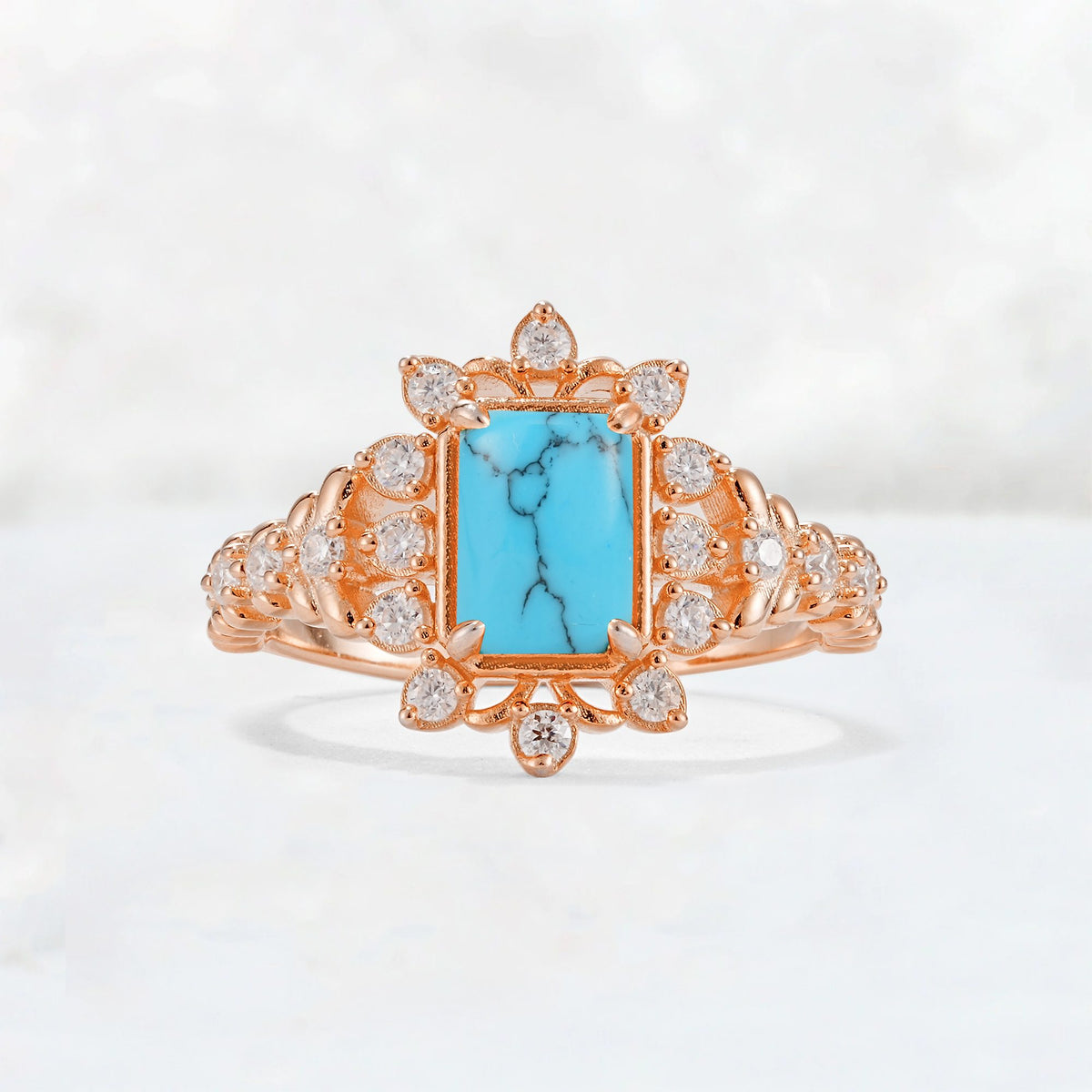 Emerald Cut Turquoise Floral Halo Leaf Vine Engagement Ring - Additional view