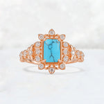 Emerald Cut Turquoise Floral Halo Leaf Vine Engagement Ring - Additional view
