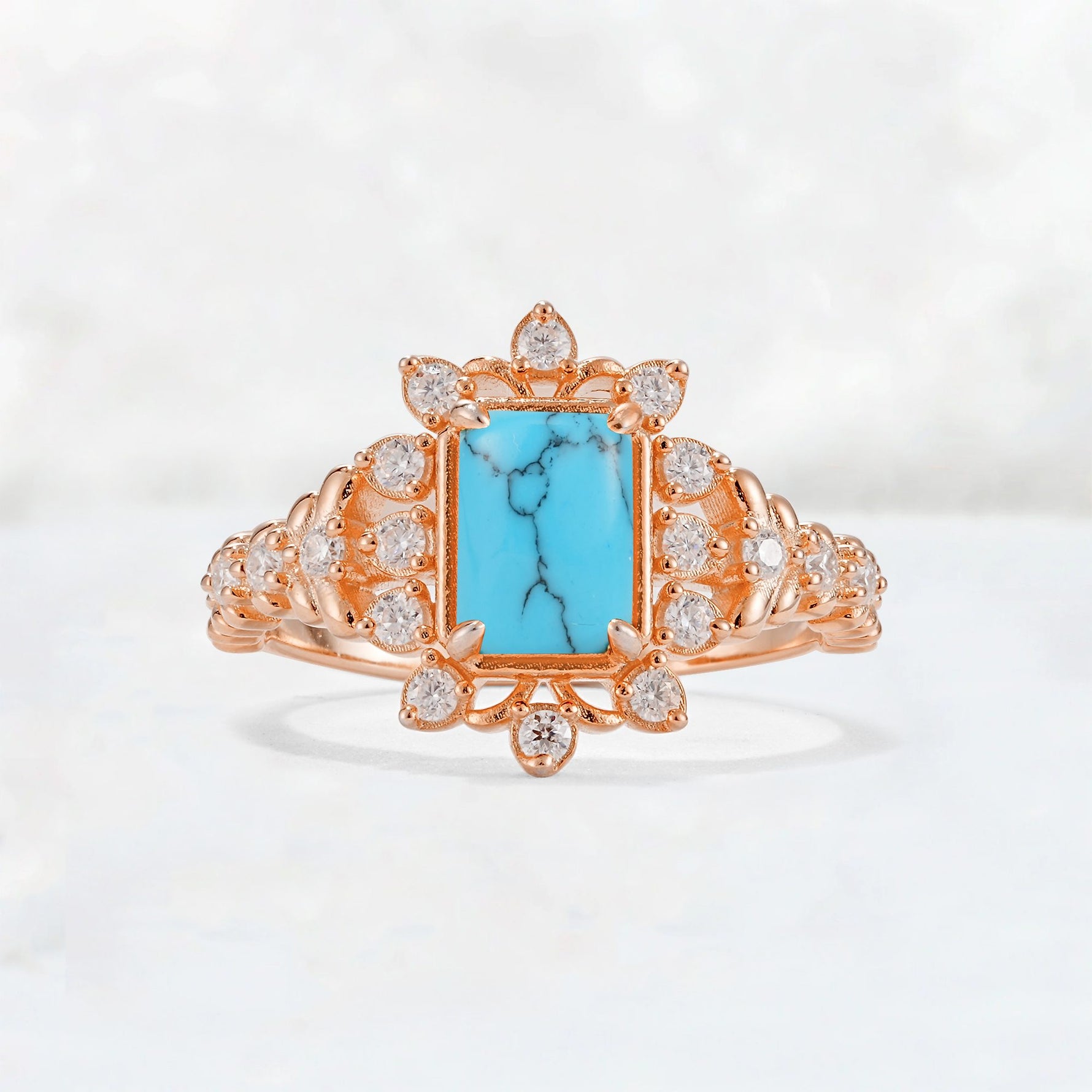 Emerald Cut Turquoise Floral Halo Leaf Vine Engagement Ring - Additional view