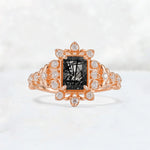 Emerald Cut Black Rutilated Quartz Floral Halo Leaf Vine Engagement Ring - Additional view