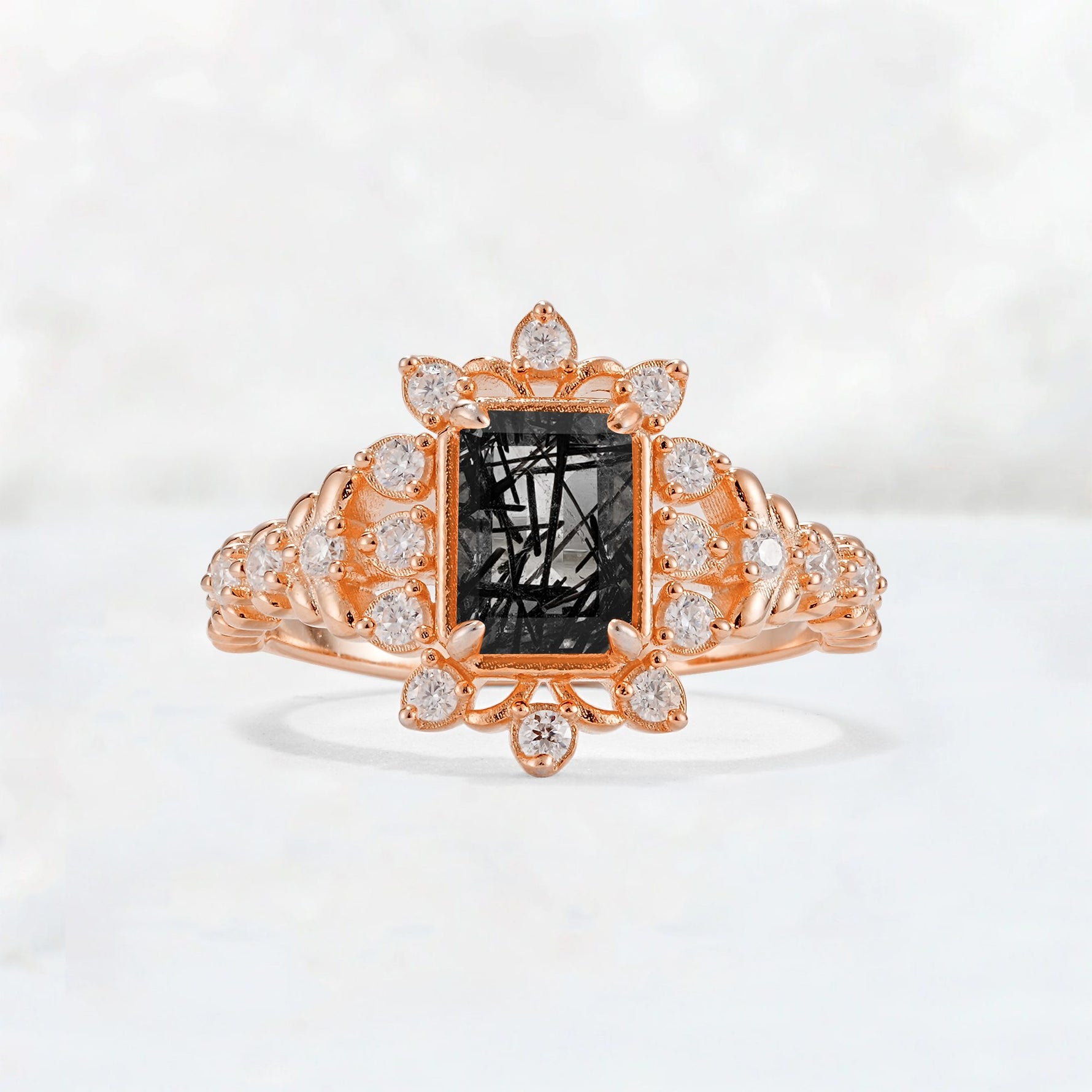 Emerald Cut Black Rutilated Quartz Floral Halo Leaf Vine Engagement Ring - Additional view