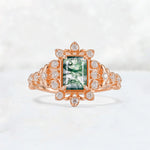Emerald Cut Moss Agate Floral Halo Leaf Vine Engagement Ring - Additional view