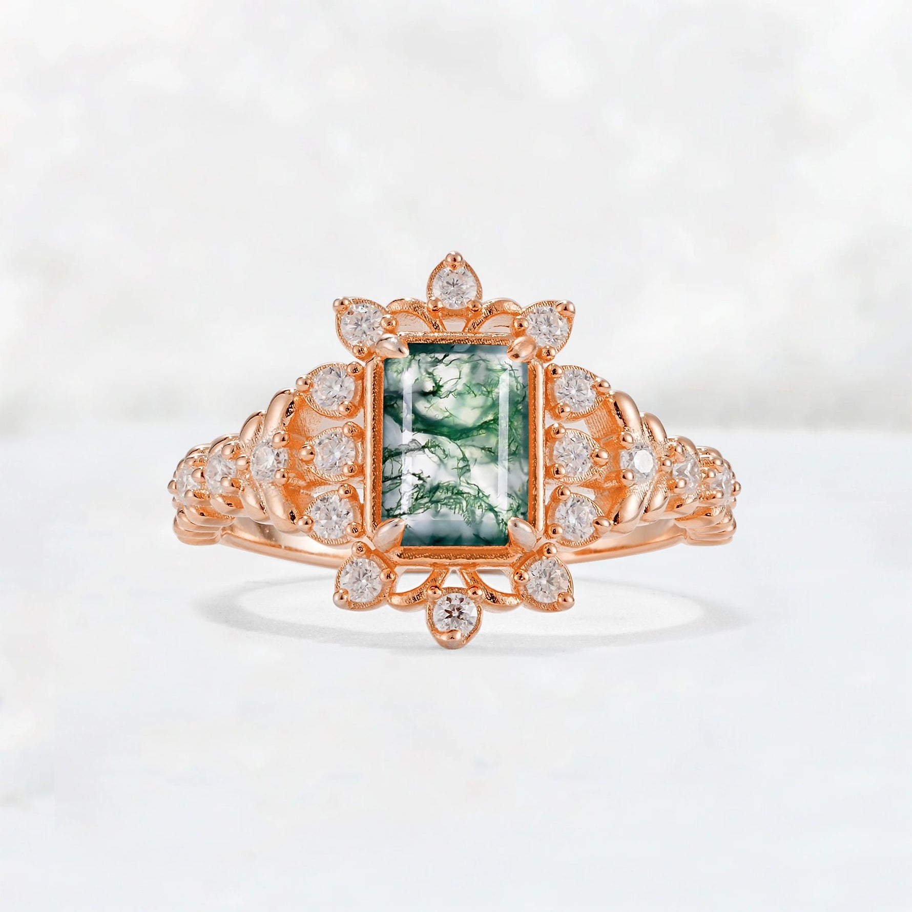 Emerald Cut Moss Agate Floral Halo Leaf Vine Engagement Ring - Additional view