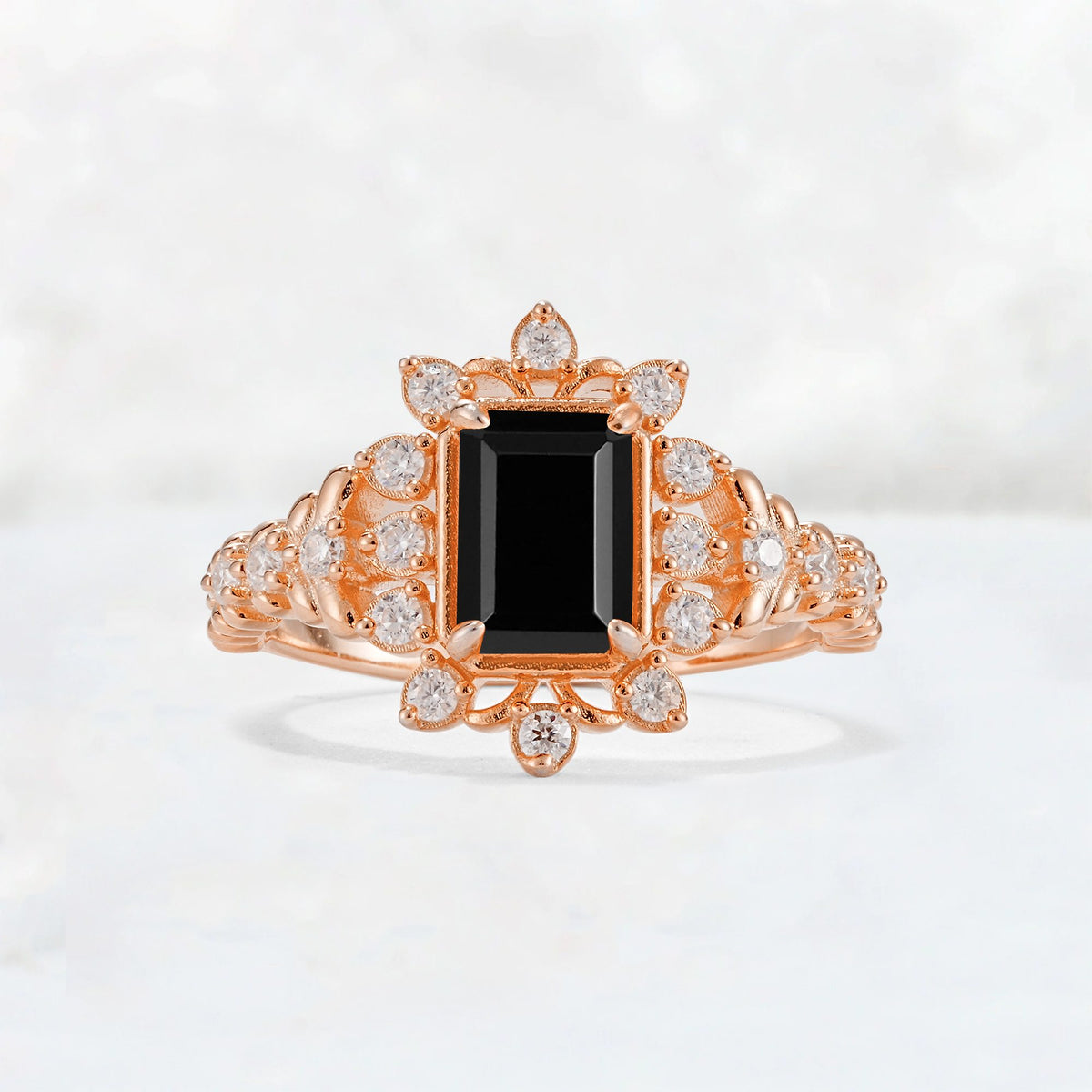 Emerald Cut Black Onyx Floral Halo Leaf Vine Engagement Ring - Additional view