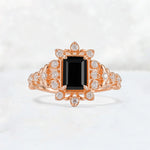 Emerald Cut Black Onyx Floral Halo Leaf Vine Engagement Ring - Additional view